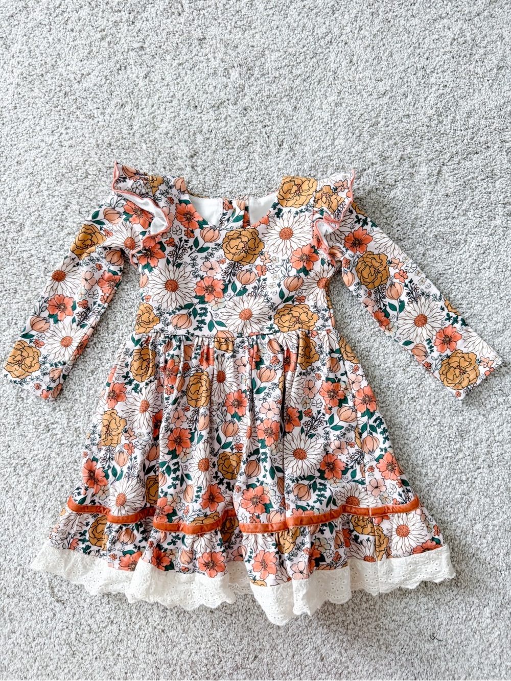 Girls Floral Ruffle-Trim Long Sleeve Dress - Peach & Mustard
